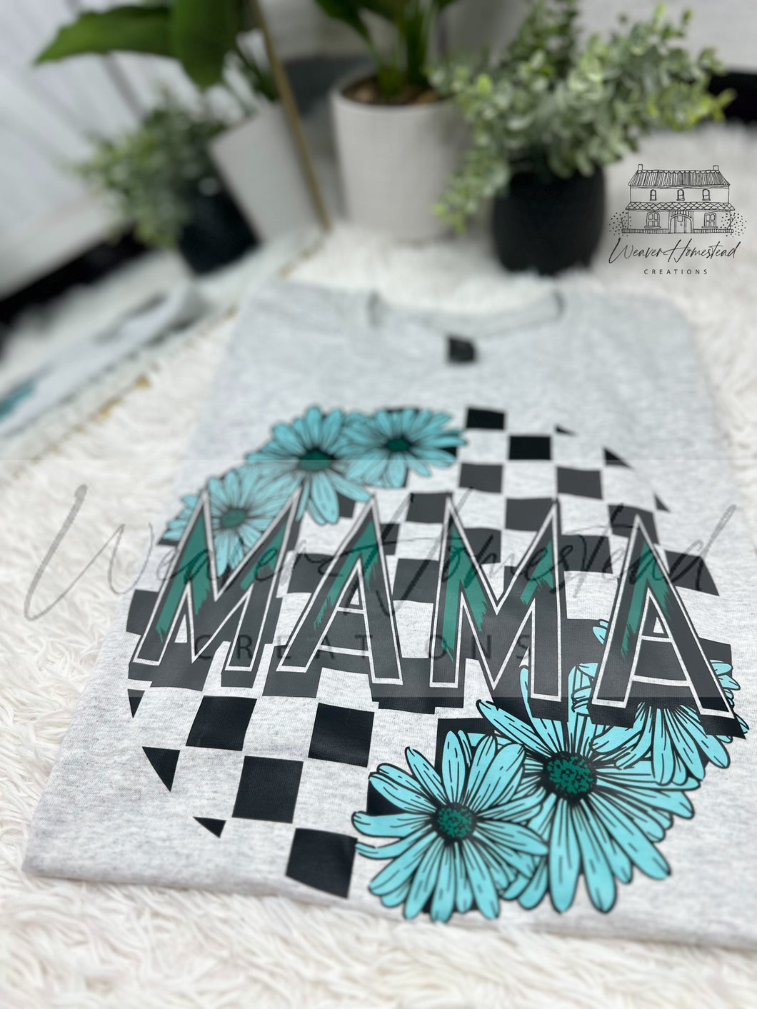 Mama Teal Checkered Floral DTF